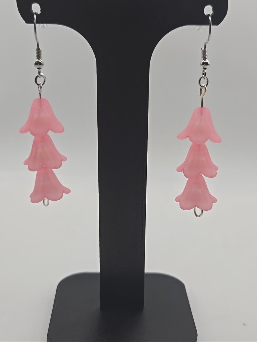 Handmade Pink Flower Dangle Earrings Iridescent Beaded